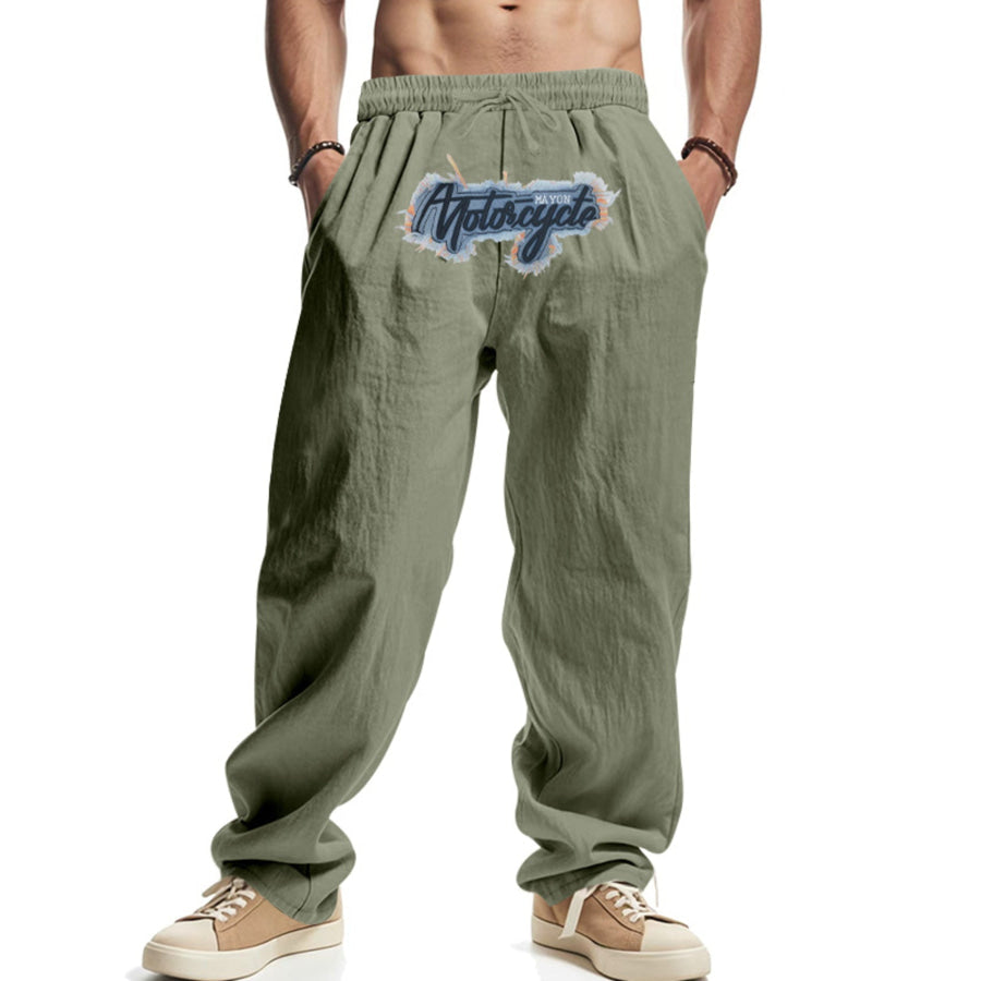 Men’s Full Size Drawstring Letter Casual Pants Plus Size Military Green / S Apparel and Accessories