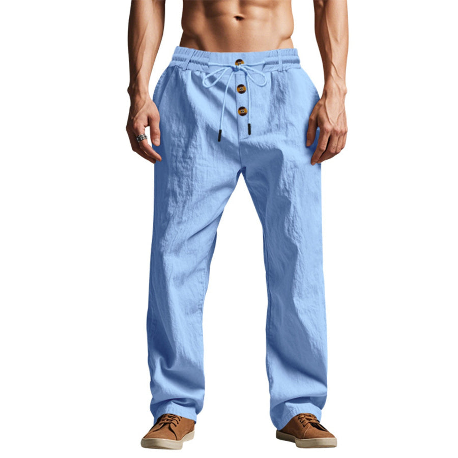 Men’s Full Size Drawstring Pants with Button-Front Detail Plus Light Blue / S Apparel and Accessories