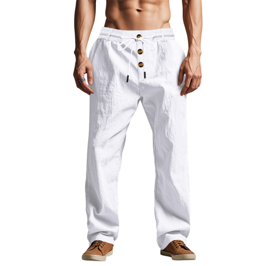 Men’s Full Size Drawstring Pants with Button-Front Detail Plus White / S Apparel and Accessories