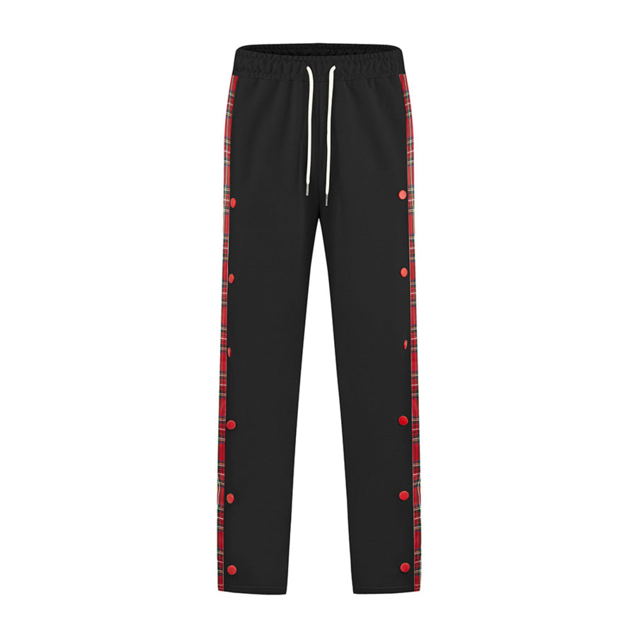 Men’s Full Size Drawstring Plaid Side Stripe Pants Plus Size Black / S Apparel and Accessories