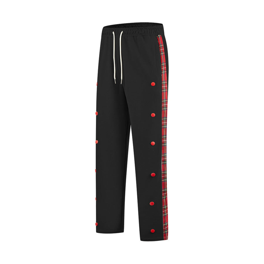 Men’s Full Size Drawstring Plaid Side Stripe Pants Plus Size Black / S Apparel and Accessories