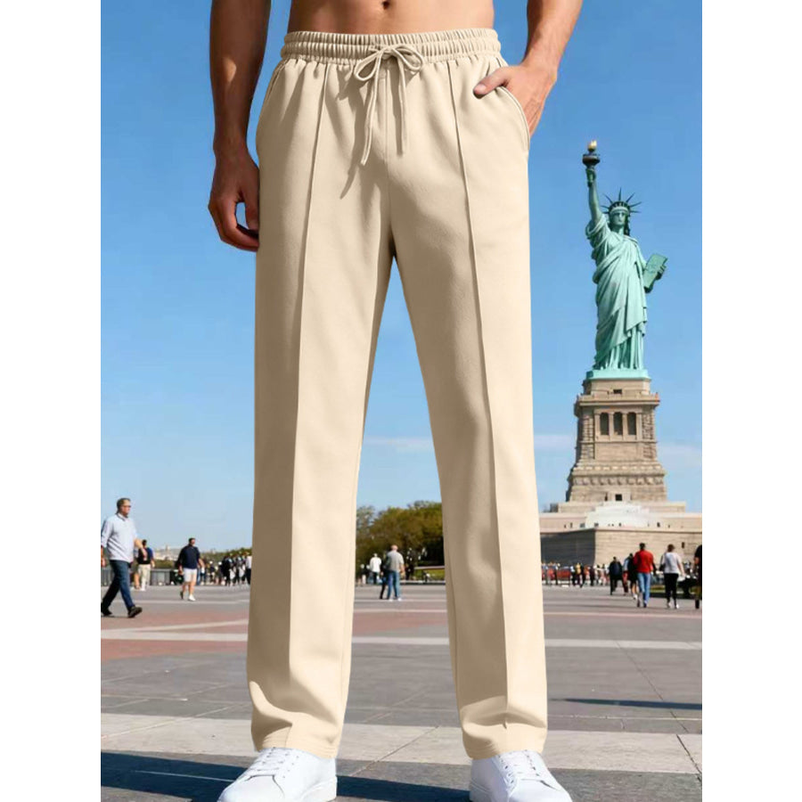 Men’s Full Size Drawstring Straight Leg Pants Plus Apricot / S Apparel and Accessories