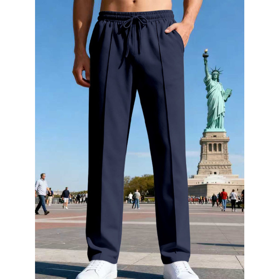 Men’s Full Size Drawstring Straight Leg Pants Plus Navy Blue / S Apparel and Accessories