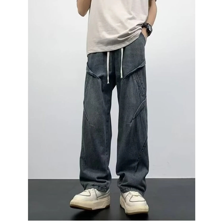 Men’s Full Size Drawstring Waist Wide Leg Jeans Plus Size Blue / S Apparel and Accessories