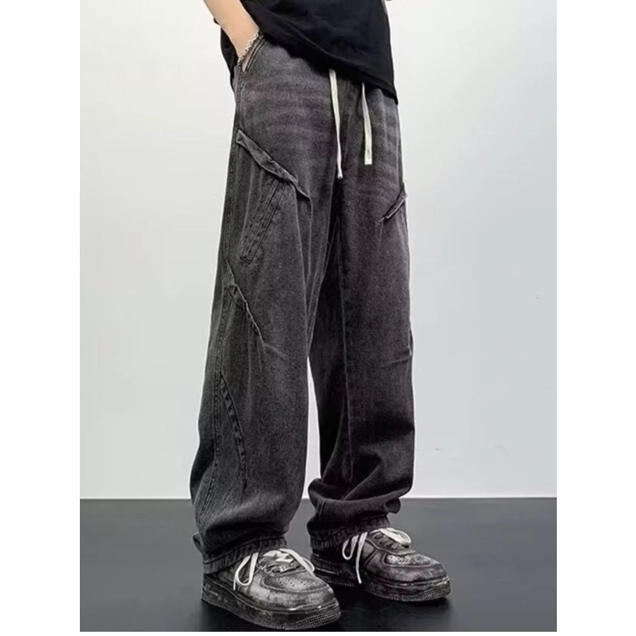 Men’s Full Size Drawstring Waist Wide Leg Jeans Plus Size Gray / S Apparel and Accessories