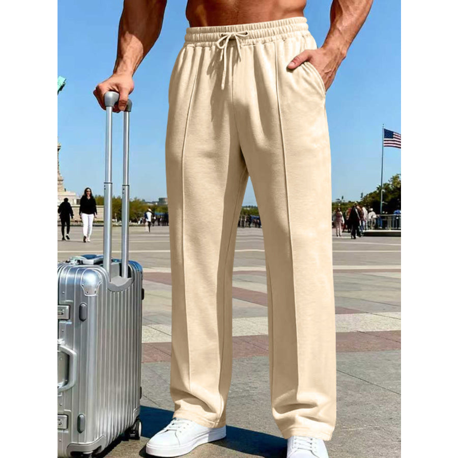 Men’s Full Size Drawstring Wide Leg Pants Plus Apricot / S Apparel and Accessories