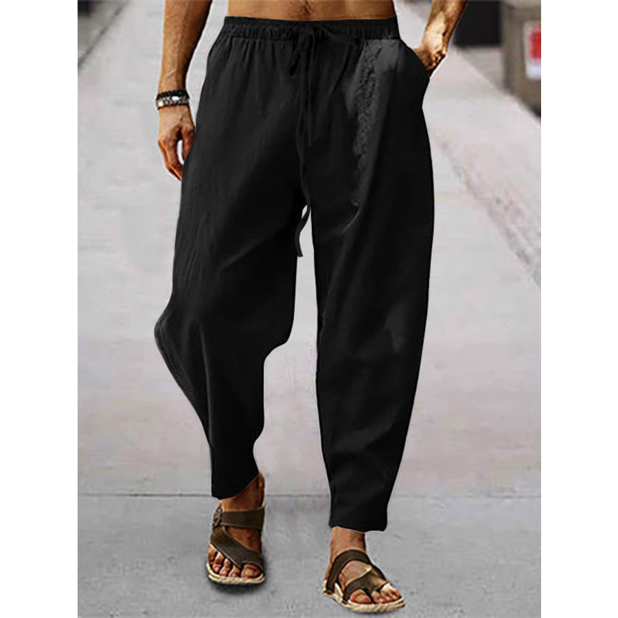 Men’s Full Size Drawstring Wide Leg Pants Plus Size Black / S Apparel and Accessories