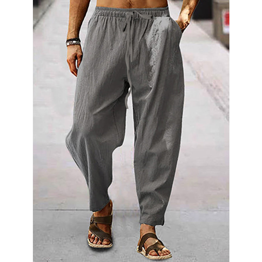 Men’s Full Size Drawstring Wide Leg Pants Plus Size Dark Gray / S Apparel and Accessories