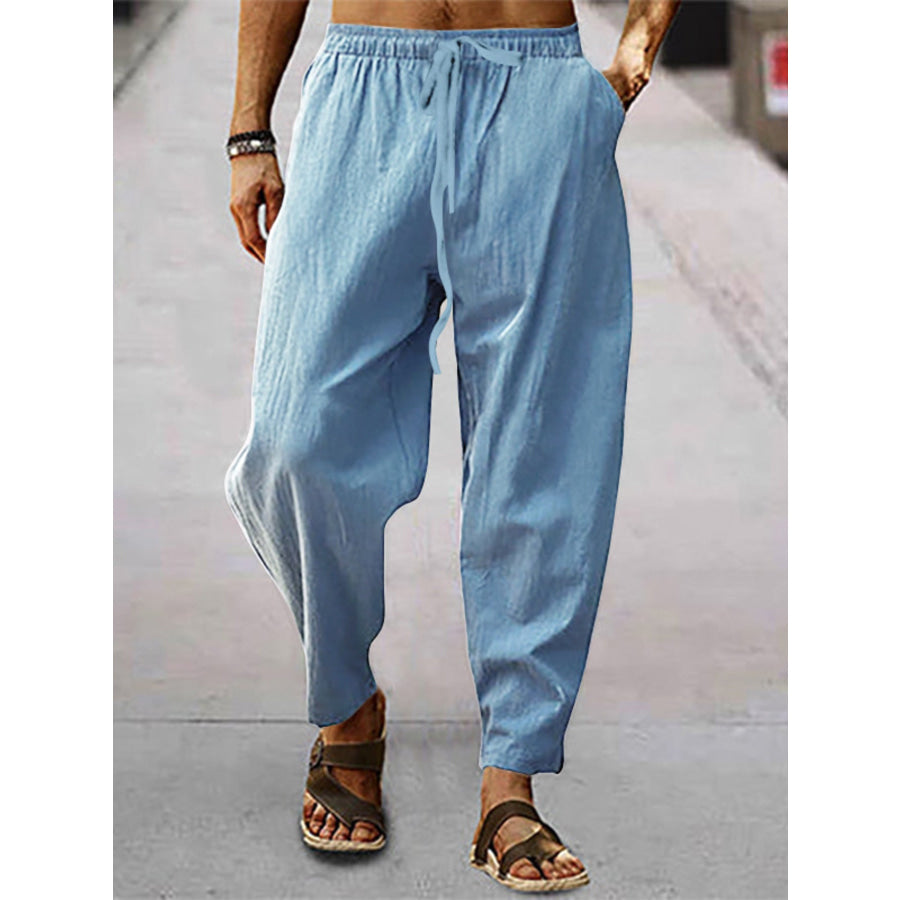 Men’s Full Size Drawstring Wide Leg Pants Plus Size Light Blue / S Apparel and Accessories