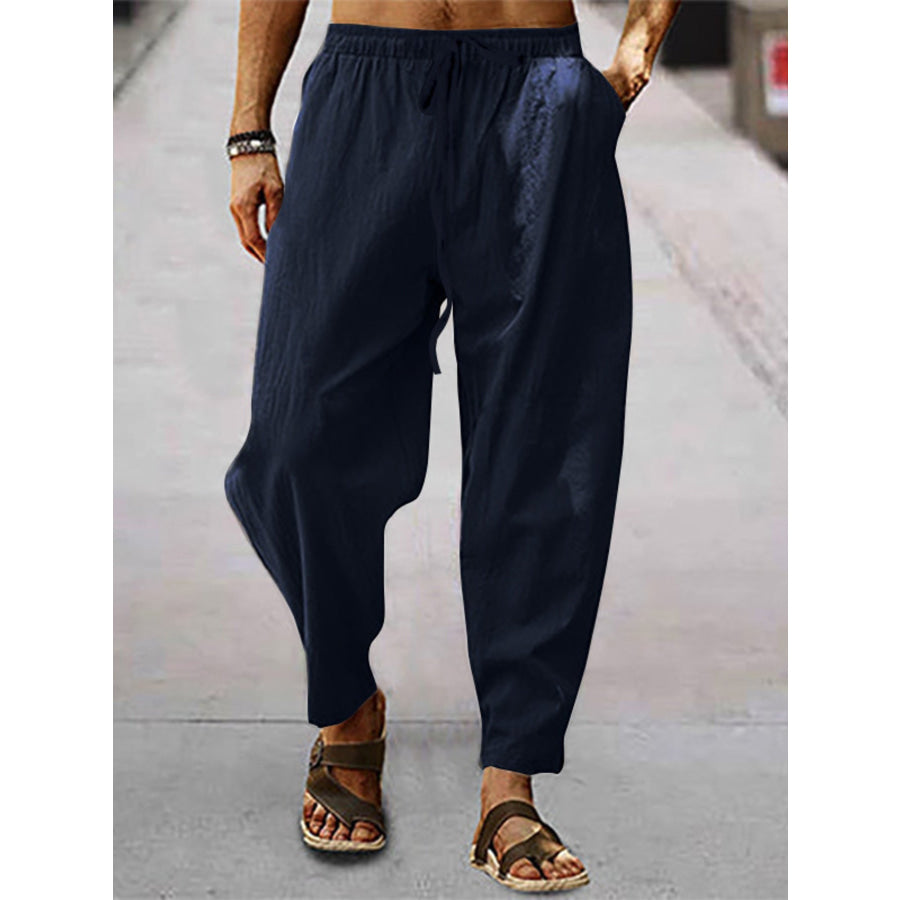 Men’s Full Size Drawstring Wide Leg Pants Plus Size Navy Blue / S Apparel and Accessories