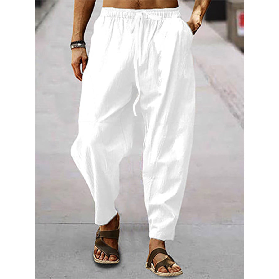 Men’s Full Size Drawstring Wide Leg Pants Plus Size White / S Apparel and Accessories