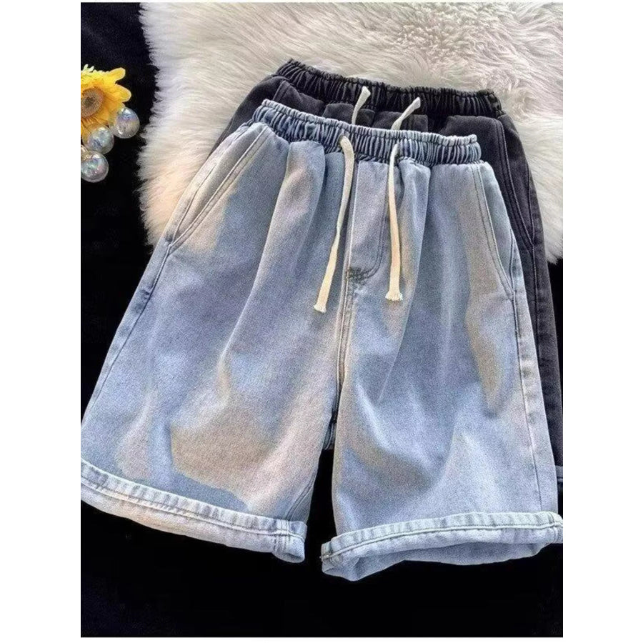 Men’s Full Size Elastic Waist Washed Denim Shorts Plus Size Apparel and Accessories