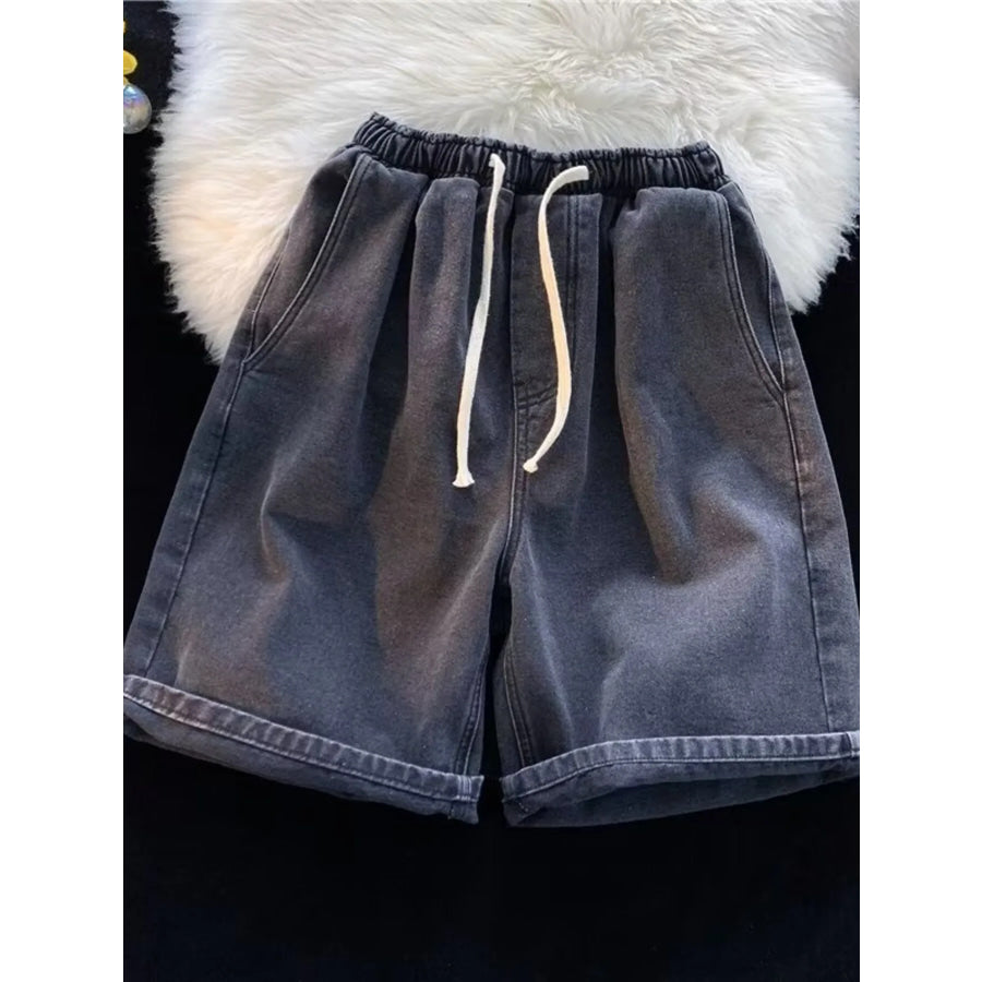 Men’s Full Size Elastic Waist Washed Denim Shorts Plus Size Black / S Apparel and Accessories