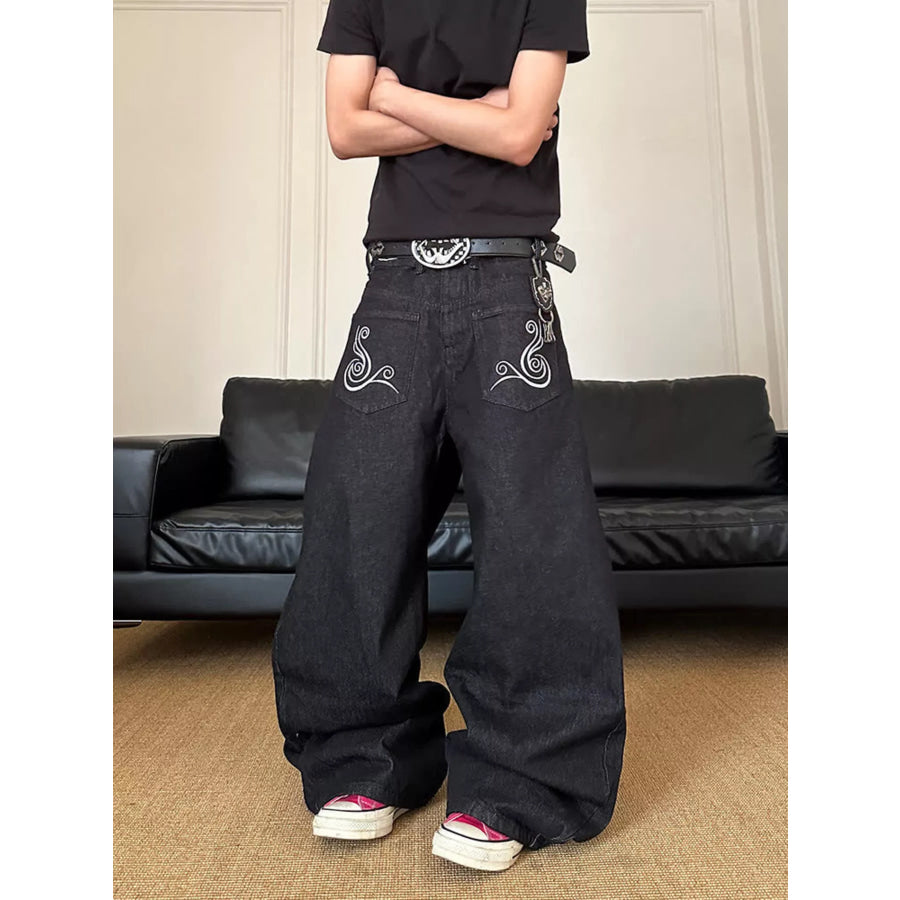 Men’s Full Size Embroidered Wide Leg Jeans Plus Size Apparel and Accessories