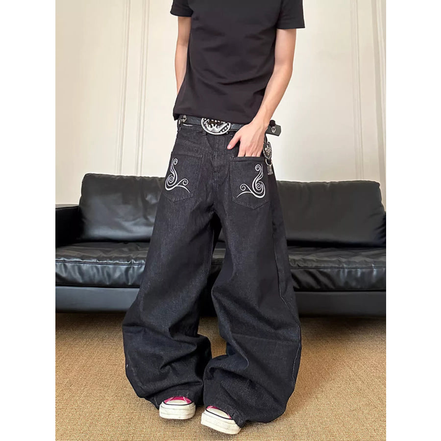 Men’s Full Size Embroidered Wide Leg Jeans Plus Size Apparel and Accessories