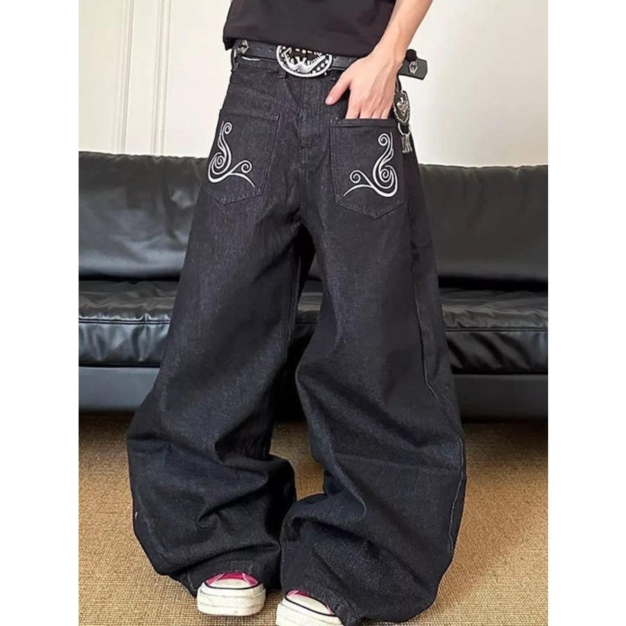 Men’s Full Size Embroidered Wide Leg Jeans Plus Size Apparel and Accessories