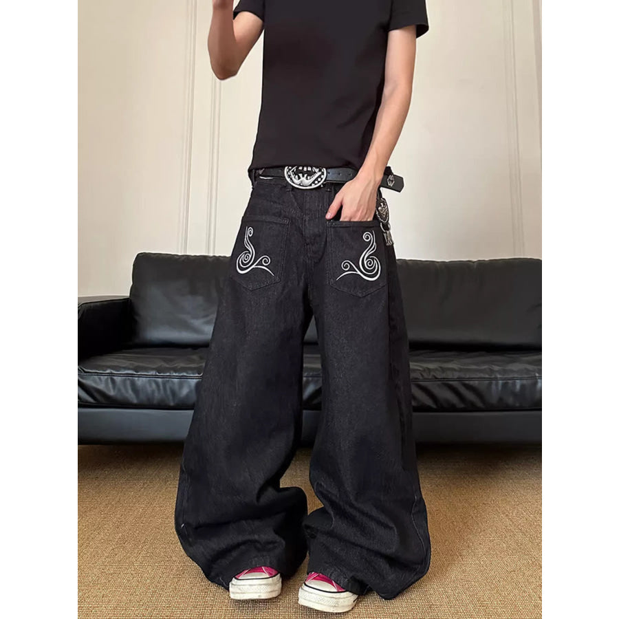 Men’s Full Size Embroidered Wide Leg Jeans Plus Size Black / S Apparel and Accessories