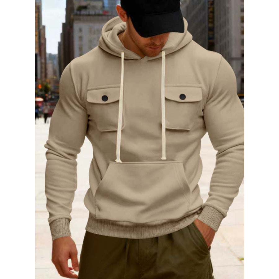 Men’s Full Size Fleece Hoodie with Dual Chest Pockets Plus Size Khaki / S Apparel and Accessories