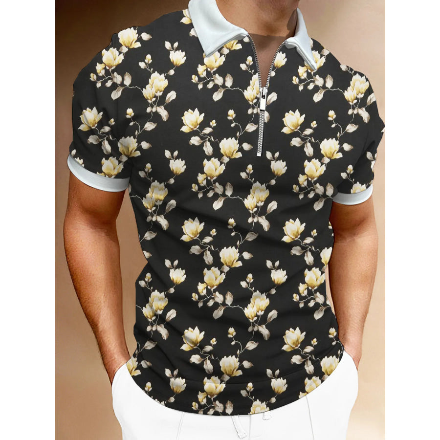 Men’s Full Size Floral Print Zip-Up Polo Plus Size Black / S Apparel and Accessories