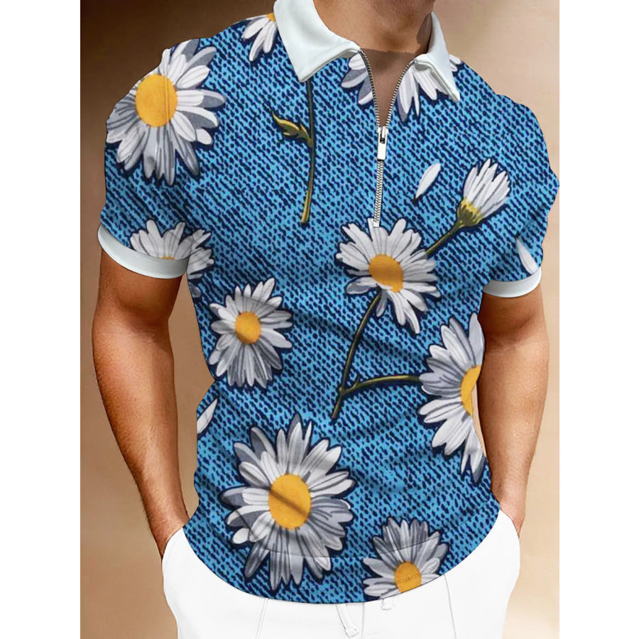 Men’s Full Size Floral Print Zip-Up Polo Plus Size Cerulean / S Apparel and Accessories