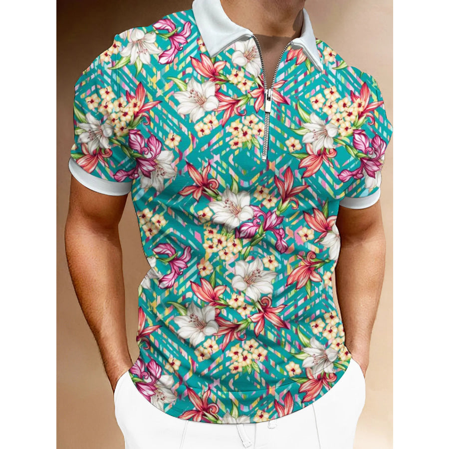 Men’s Full Size Floral Print Zip-Up Polo Plus Size Turquoise / S Apparel and Accessories