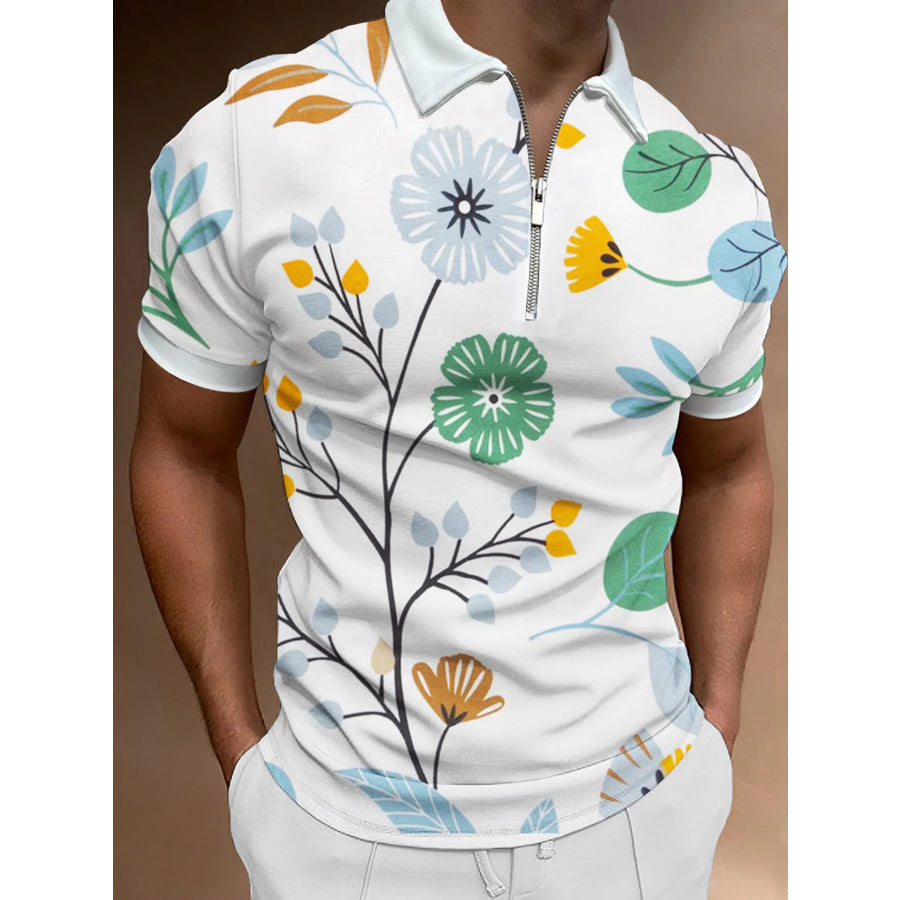 Men’s Full Size Floral Print Zip-Up Polo Plus Size White / S Apparel and Accessories