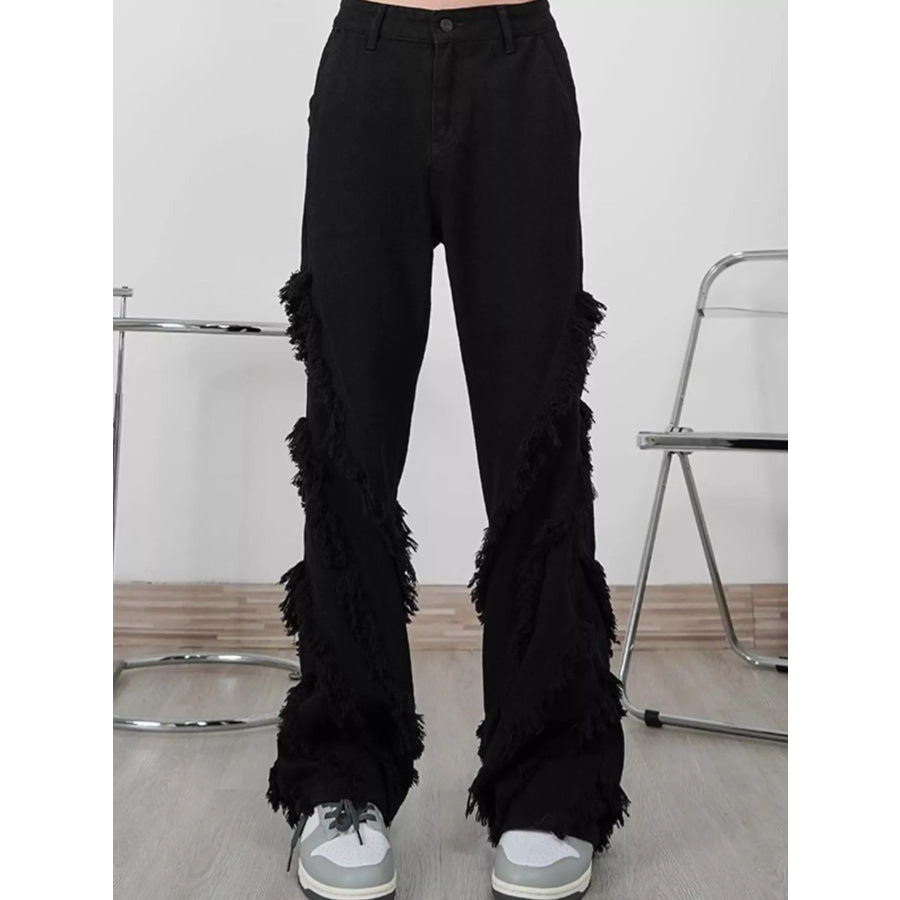 Men’s Full Size Fringe Trim Wide Leg Jeans Plus Size Black / S Apparel and Accessories