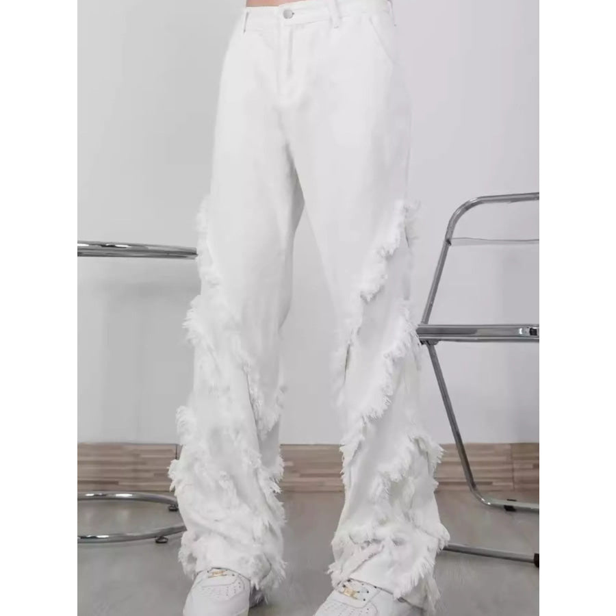 Men’s Full Size Fringe Trim Wide Leg Jeans Plus Size White / S Apparel and Accessories