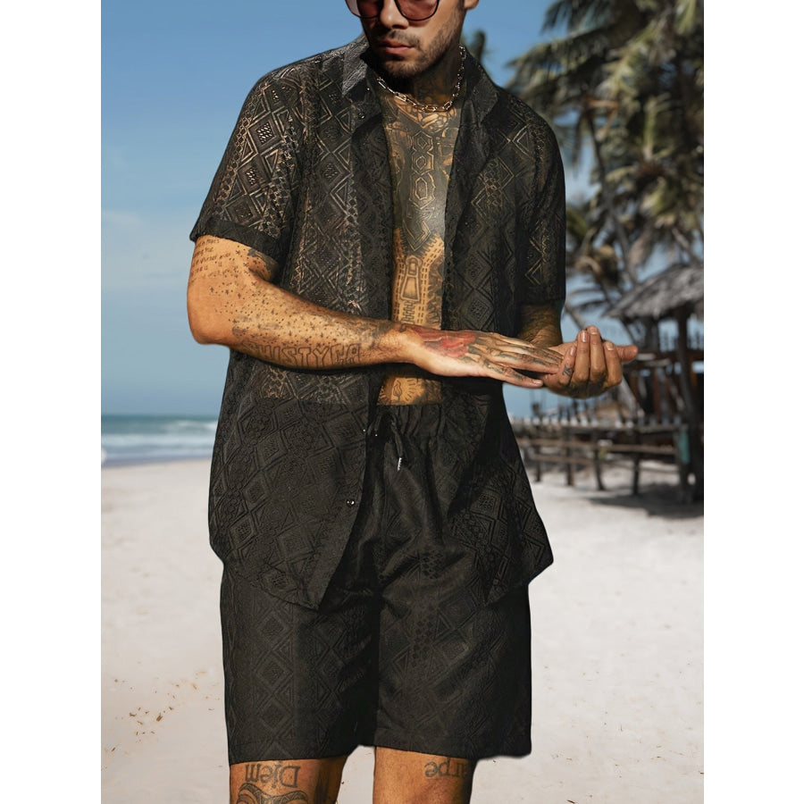 Men’s Full Size Geometric Pattern Short Sleeve Shirt Plus Black / S Apparel and Accessories