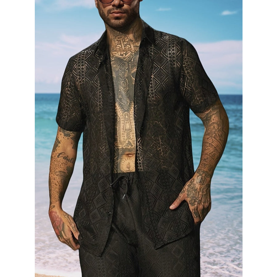 Men’s Full Size Geometric Pattern Short Sleeve Shirt Plus Black / S Apparel and Accessories