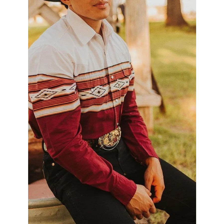 Men’s Full Size Geometric Print Long Sleeve Shirt Plus Size Deep Red / XS Apparel and Accessories