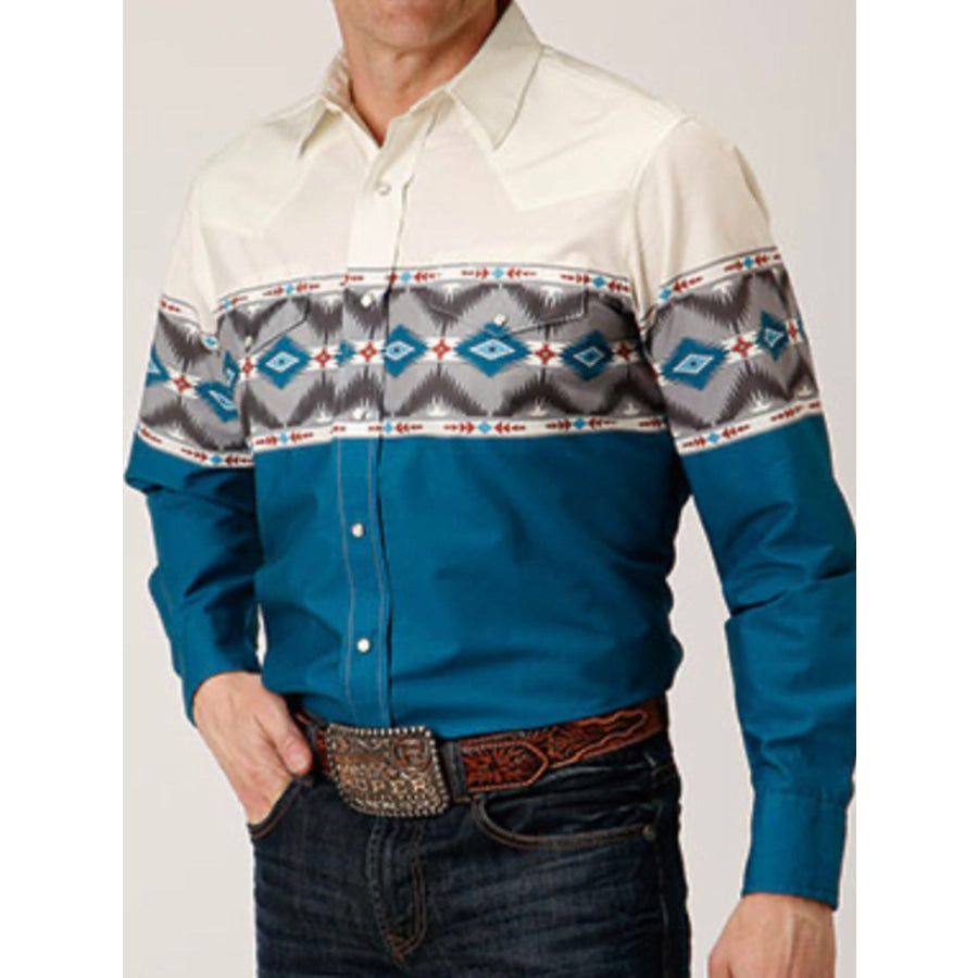 Men’s Full Size Geometric Print Long Sleeve Shirt Plus Size Peacock Blue / XS Apparel and Accessories