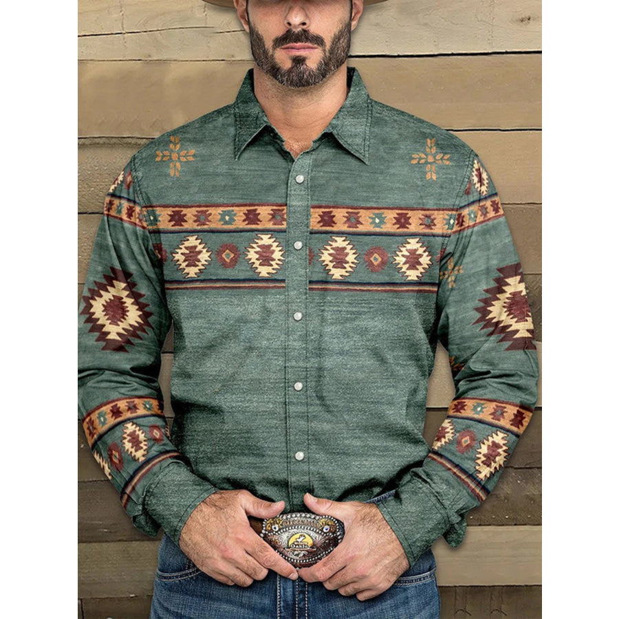 Men’s Full Size Geometric Print Long Sleeve Shirt Plus Size Sage / XS Apparel and Accessories