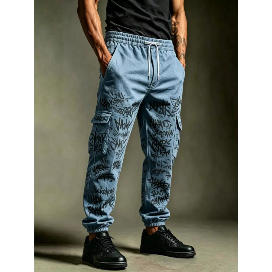 Men’s Full Size Graffiti Print Cargo Joggers Plus Size Light Blue / S Apparel and Accessories