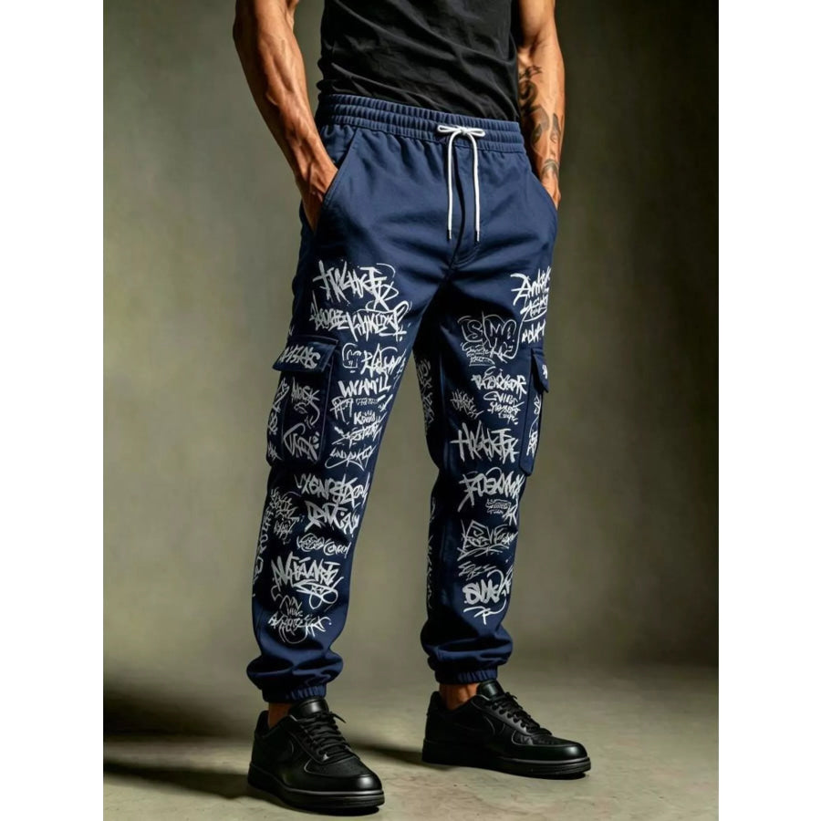 Men’s Full Size Graffiti Print Cargo Joggers Plus Size Navy / S Apparel and Accessories