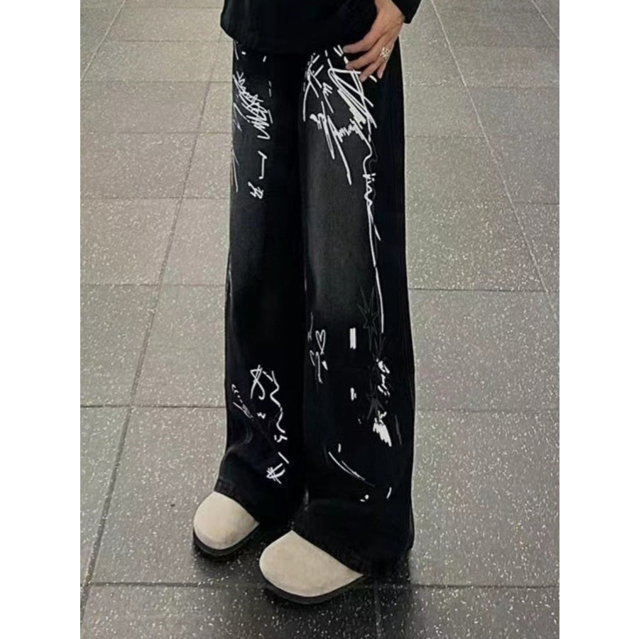 Men’s Full Size Graffiti Print Wide Leg Jeans Plus Size Apparel and Accessories
