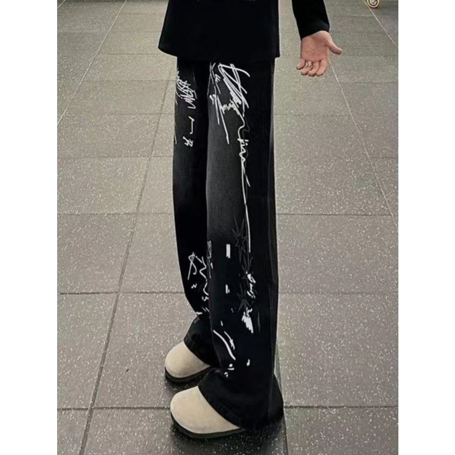 Men’s Full Size Graffiti Print Wide Leg Jeans Plus Size Apparel and Accessories