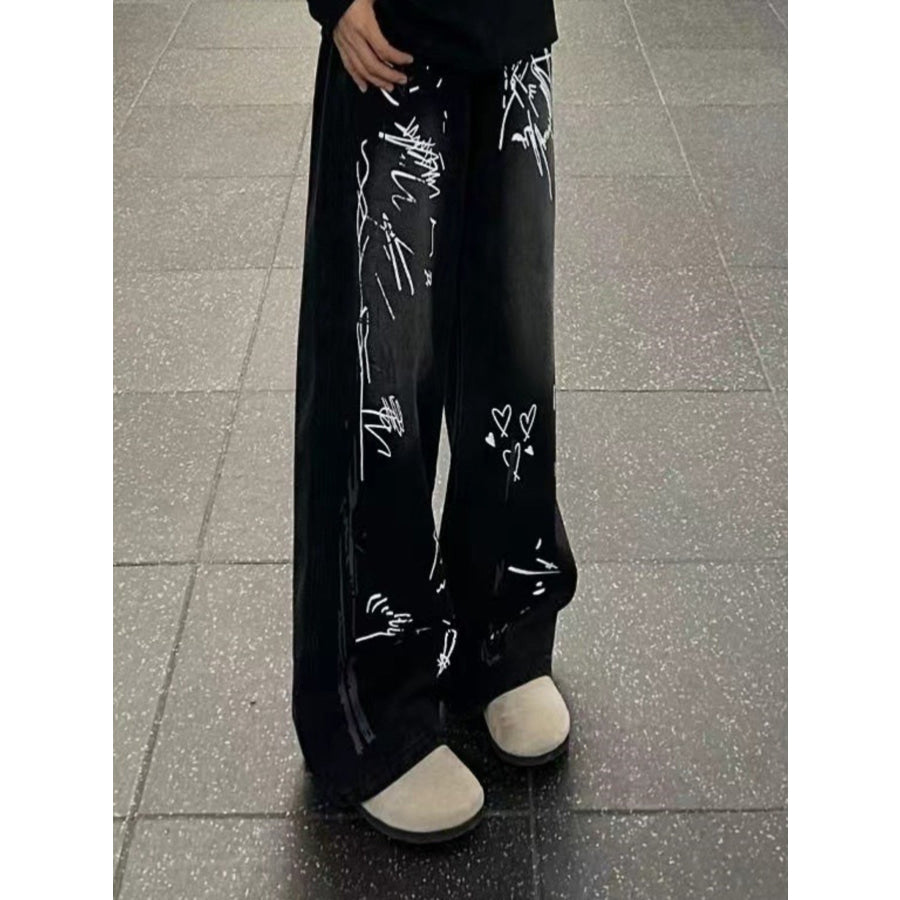 Men’s Full Size Graffiti Print Wide Leg Jeans Plus Size Apparel and Accessories