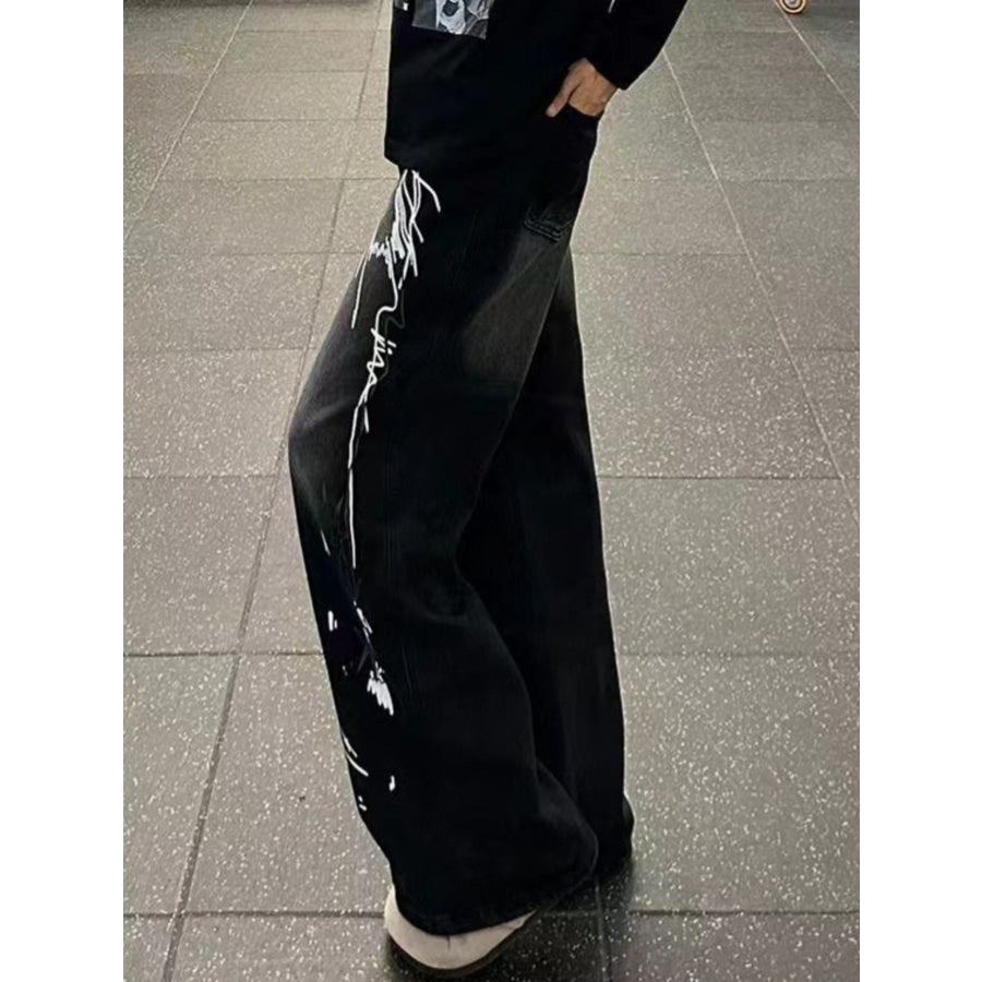 Men’s Full Size Graffiti Print Wide Leg Jeans Plus Size Apparel and Accessories