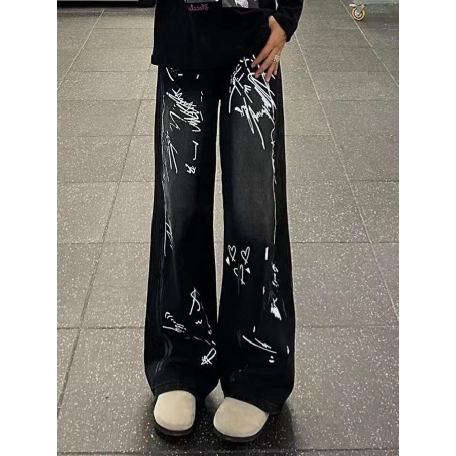 Men’s Full Size Graffiti Print Wide Leg Jeans Plus Size Black / S Apparel and Accessories