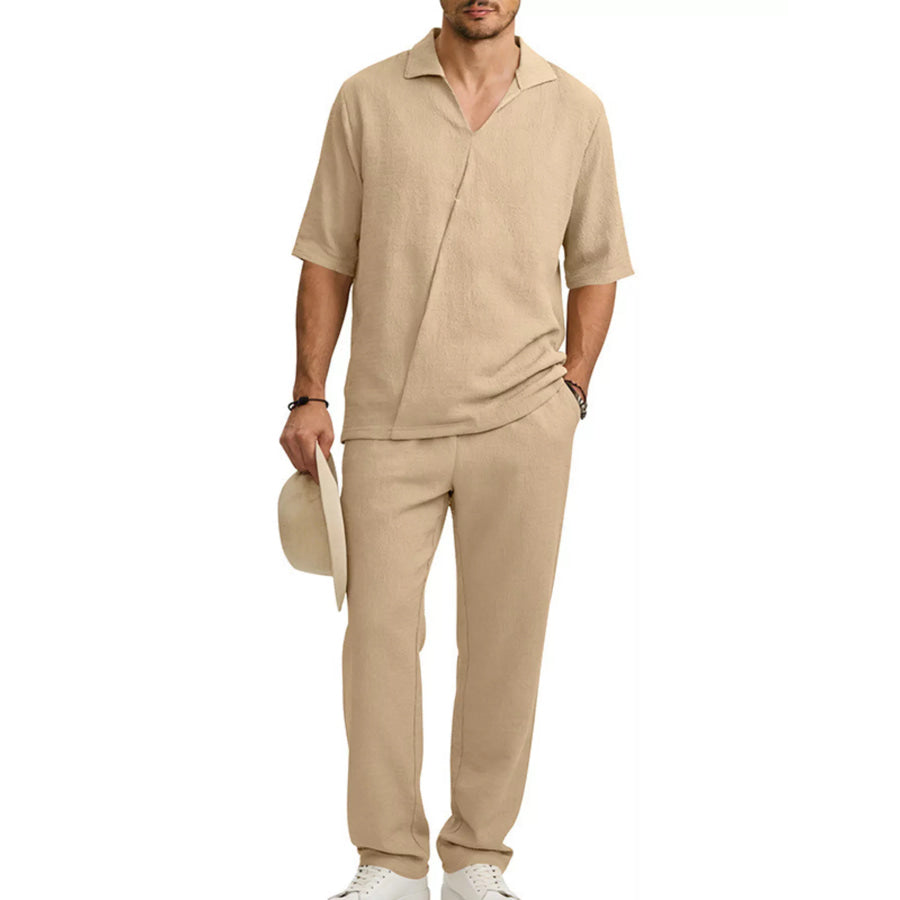 Men’s Full Size Half Sleeve Top and Pants Set Plus Size Beige / S Apparel and Accessories