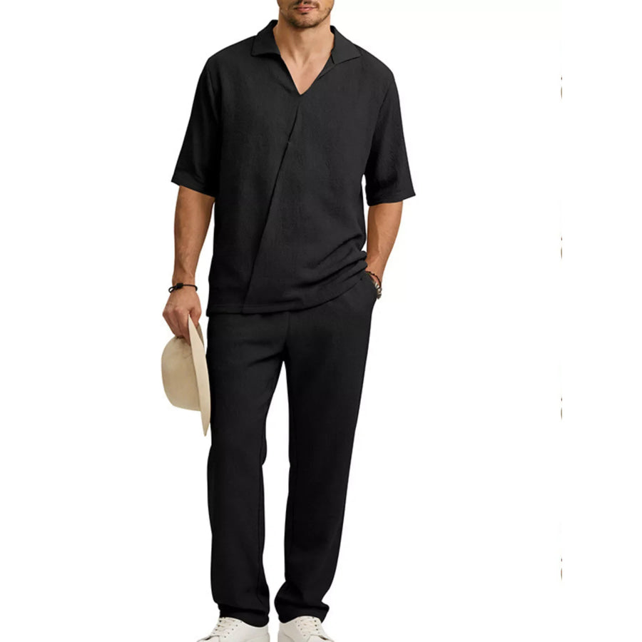 Men’s Full Size Half Sleeve Top and Pants Set Plus Size Black / S Apparel and Accessories