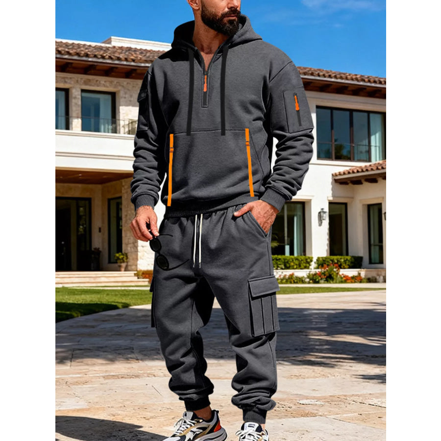 Men’s Full Size Half Zip Hoodie and Cargo Pants Set Plus Size Apparel and Accessories