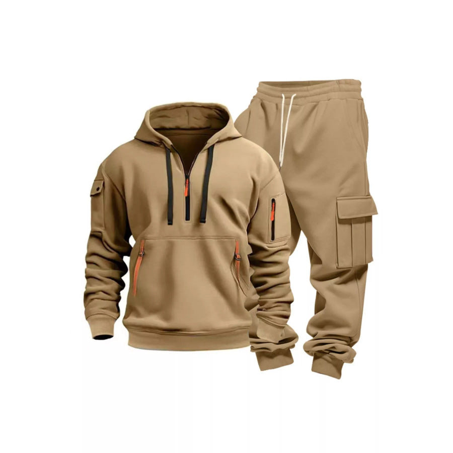 Men’s Full Size Half Zip Hoodie and Cargo Pants Set Plus Size Apparel and Accessories