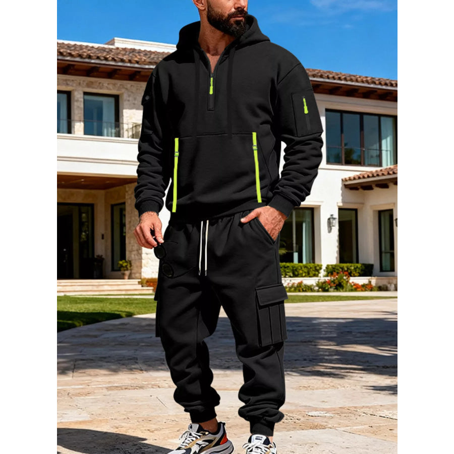 Men’s Full Size Half Zip Hoodie and Cargo Pants Set Plus Size Apparel and Accessories