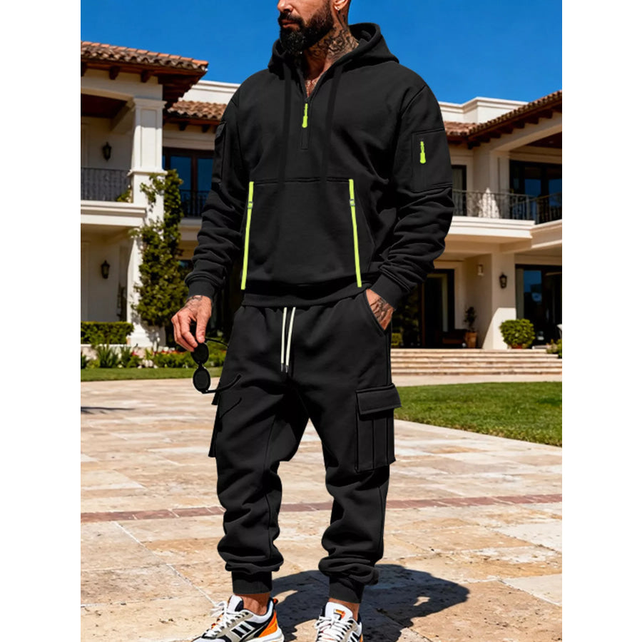 Men’s Full Size Half Zip Hoodie and Cargo Pants Set Plus Size Black / S Apparel and Accessories