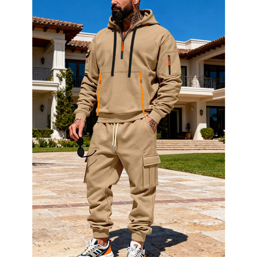 Men’s Full Size Half Zip Hoodie and Cargo Pants Set Plus Size Camel / S Apparel and Accessories