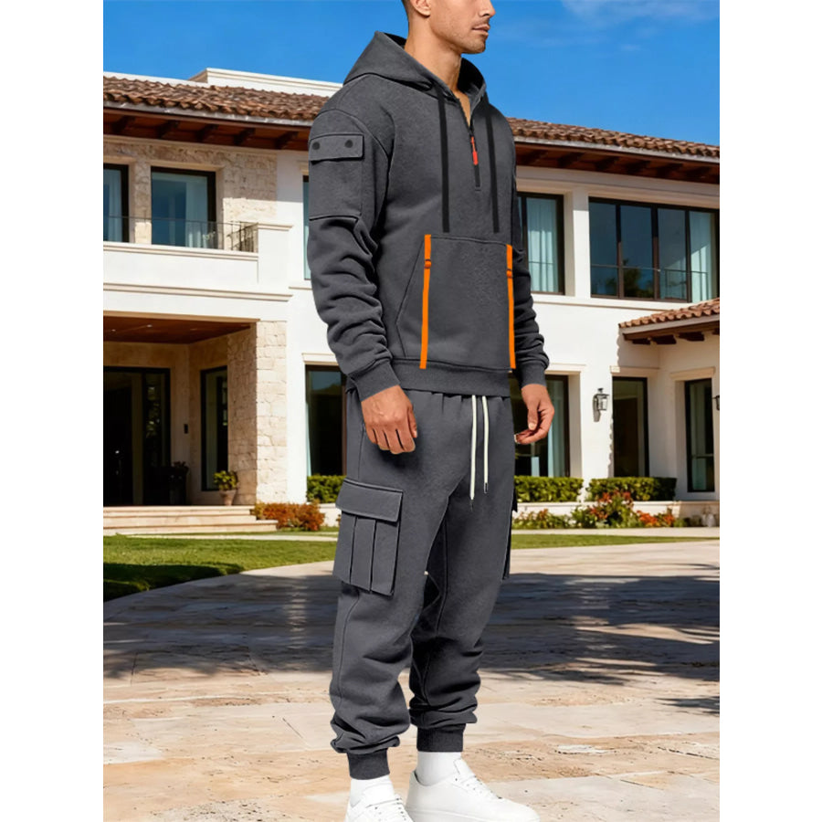 Men’s Full Size Half Zip Hoodie and Cargo Pants Set Plus Size Dark Gray / S Apparel and Accessories
