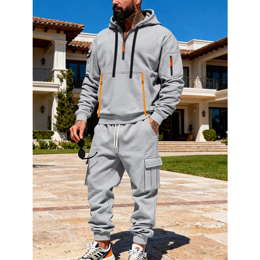 Men’s Full Size Half Zip Hoodie and Cargo Pants Set Plus Size Light Gray / S Apparel and Accessories