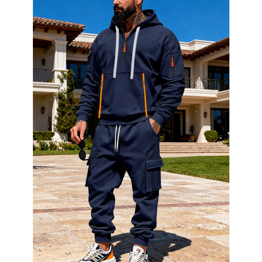 Men’s Full Size Half Zip Hoodie and Cargo Pants Set Plus Size Navy Blue / S Apparel and Accessories